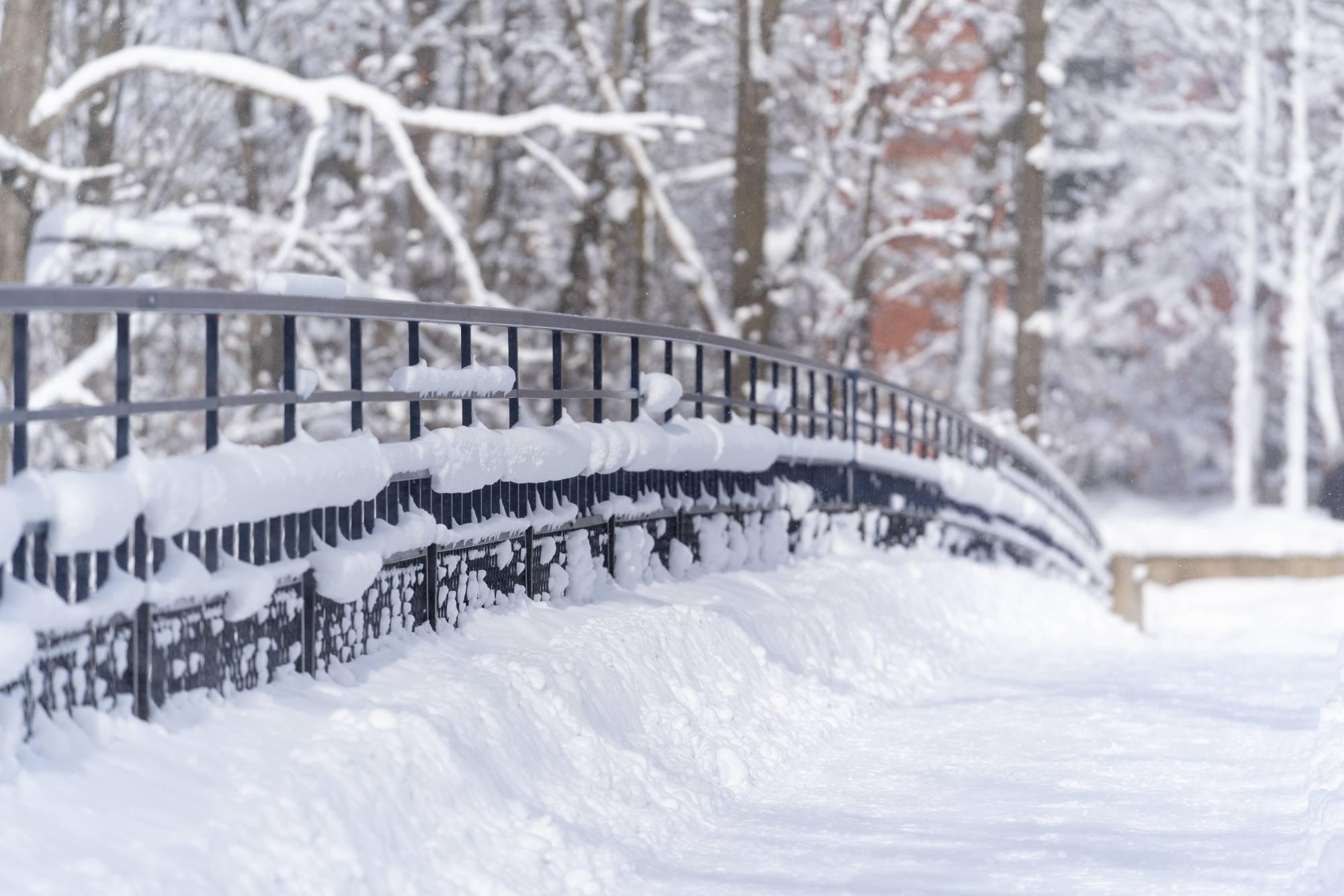 冬天，GVSU艾伦代尔校区的蓝色小麦克桥上，地上有雪